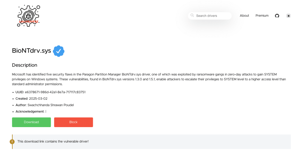 description of vulnerabilities found by microsoft in the paragon partition manager biontdrv.sys driver