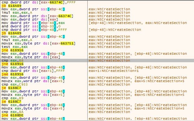 Malware Mitigation Neurevt looks for NtCreateSection. The "cmp eax,B8" highlighted in grey is a search for the “mov” instruction which has the syscall number